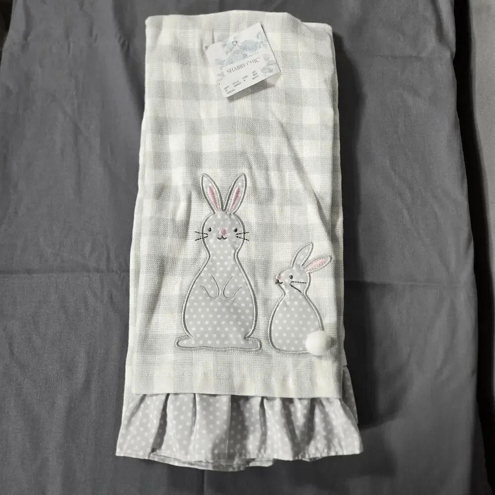Shabby Chic Easter Bunny Kitchen Towels Set 2 Gray Gingham‎ Ruffle Applique NWT